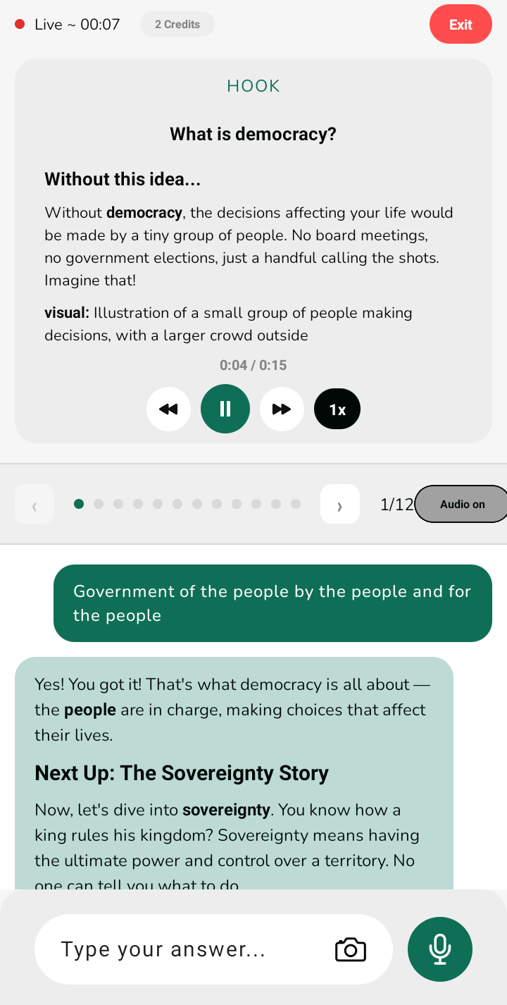 ZEEGI AI tutor — audio-narrated lesson hook with live chat