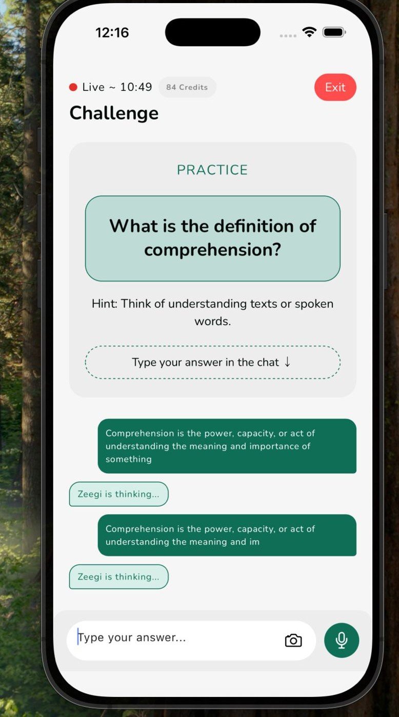 ZEEGI live challenge screen with practice question and credits