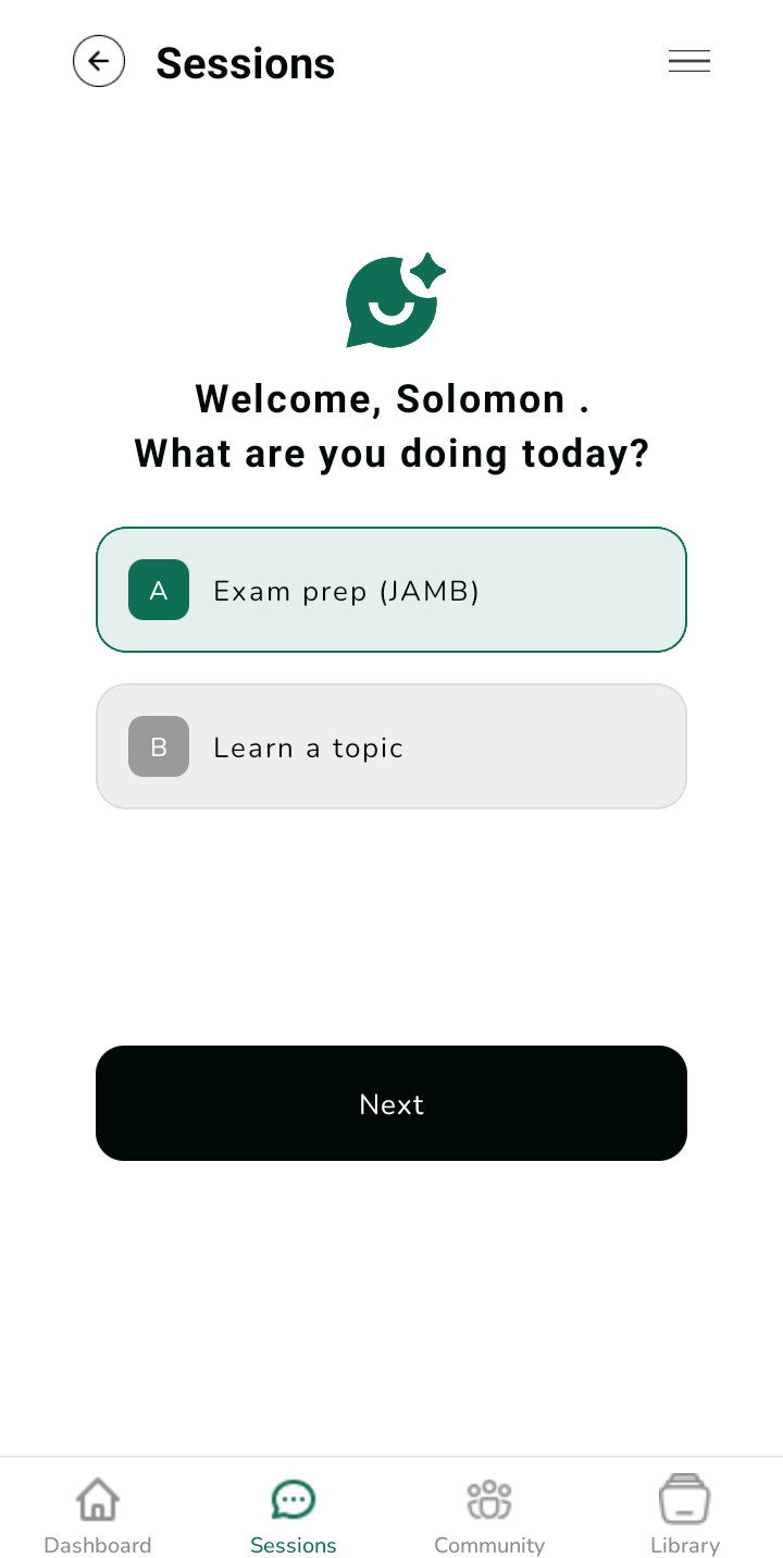 ZEEGI session start screen — choose exam prep or learn a topic